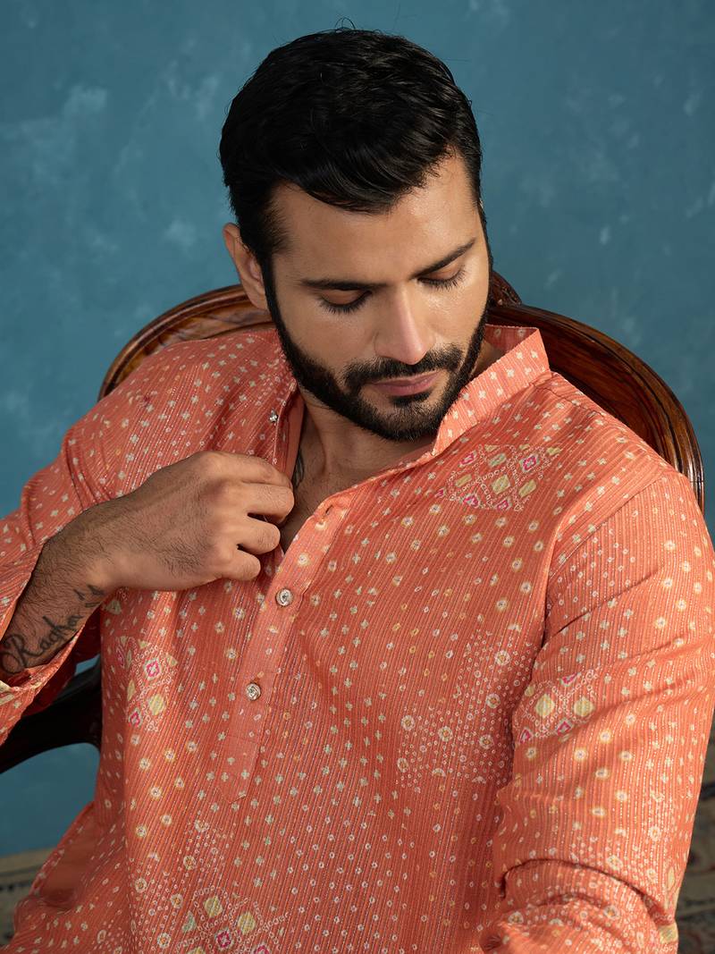 orange linen blend bandhani printed kurta 