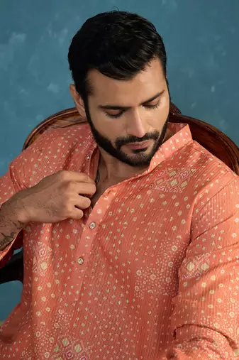 orange linen blend bandhani printed kurta 