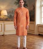 orange linen blend bandhani printed kurta 