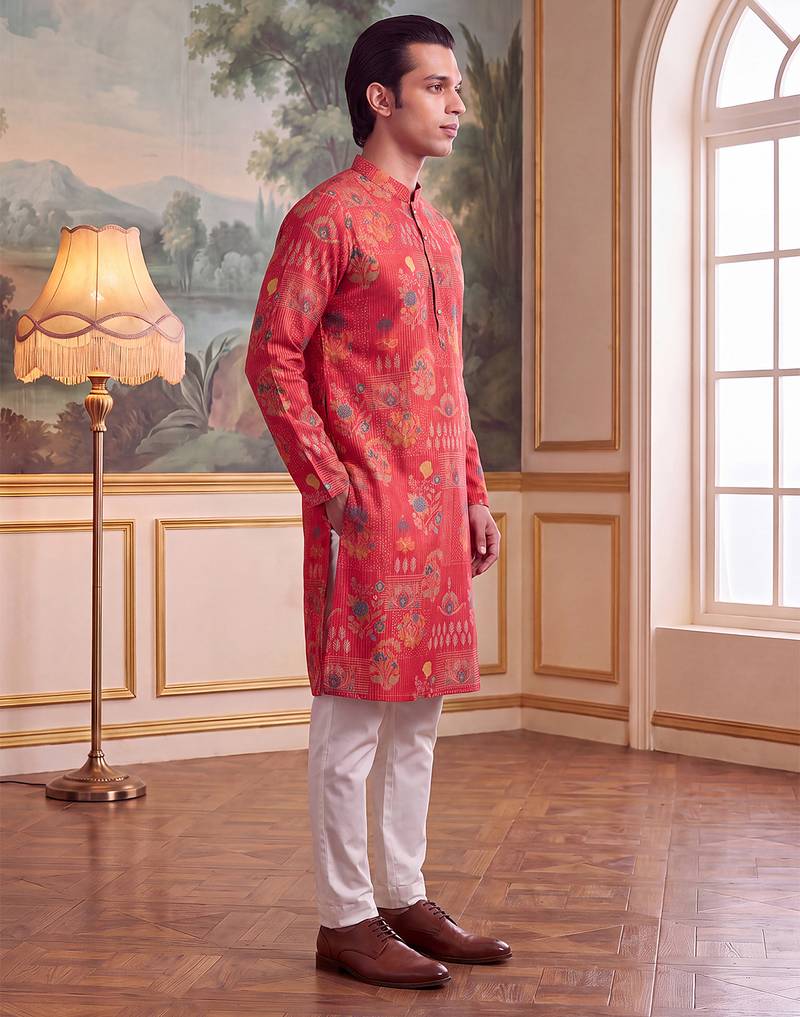 pink linen blend floral printed straight kurta with trouser set 