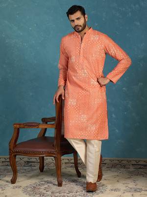 orange linen blend bandhani printed kurta  2