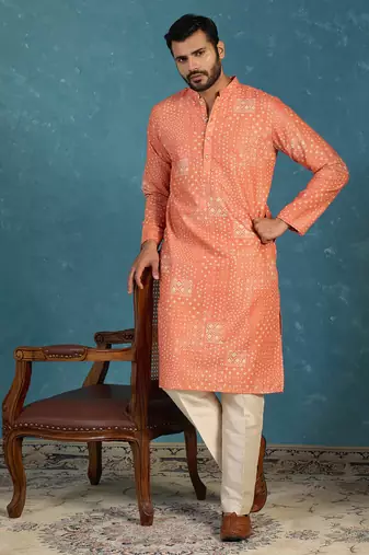 orange linen blend bandhani printed kurta 