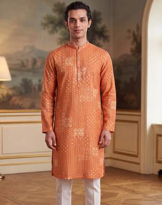orange linen blend bandhani printed kurta  2
