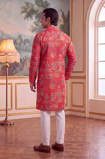 Men pink linen blend floral printed straight kurta with trouser set | traditional ethnic wear for festive & wedding