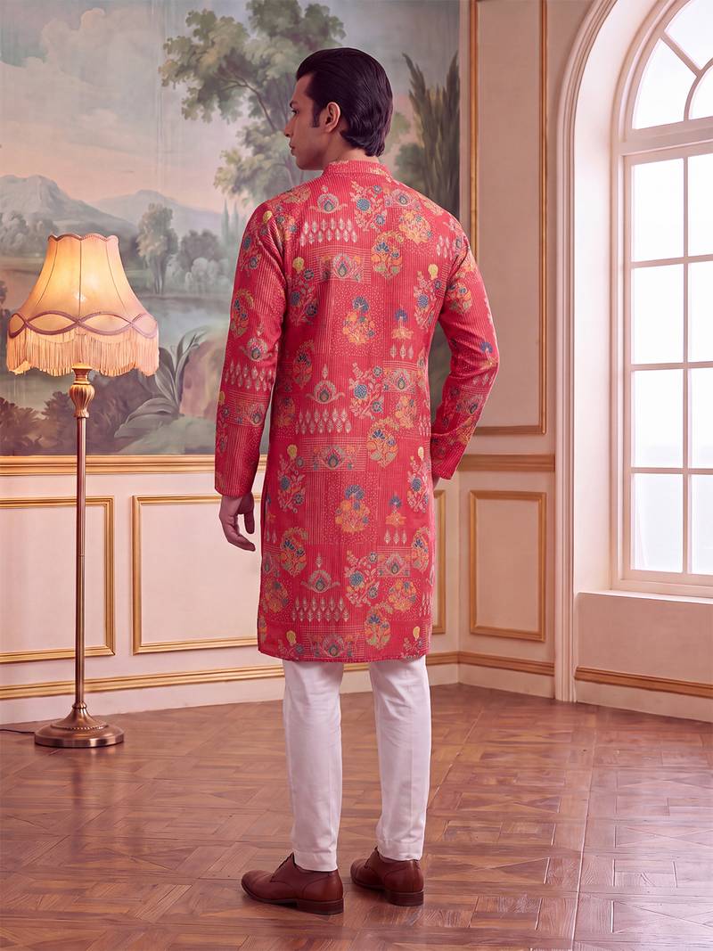pink linen blend floral printed straight kurta with trouser set 