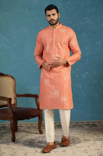 orange linen blend bandhani printed kurta 