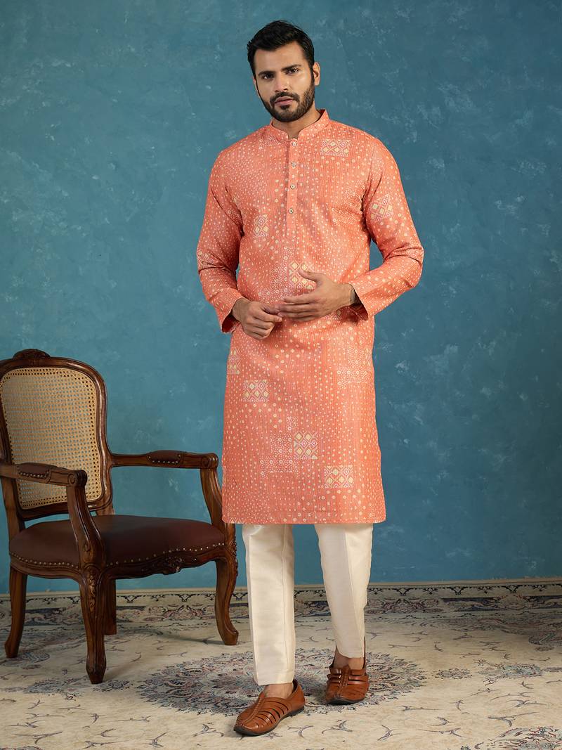 orange linen blend bandhani printed kurta 