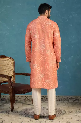 orange linen blend bandhani printed kurta 