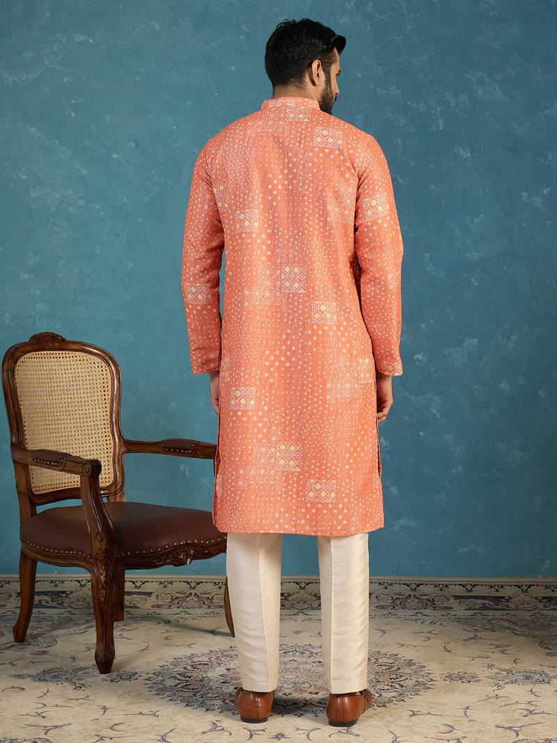orange linen blend bandhani printed kurta 