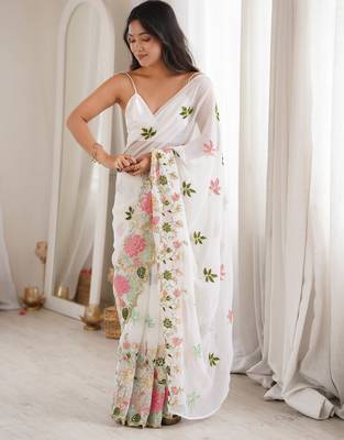 White georgette sequins saree with unstitched blouse piece. 2