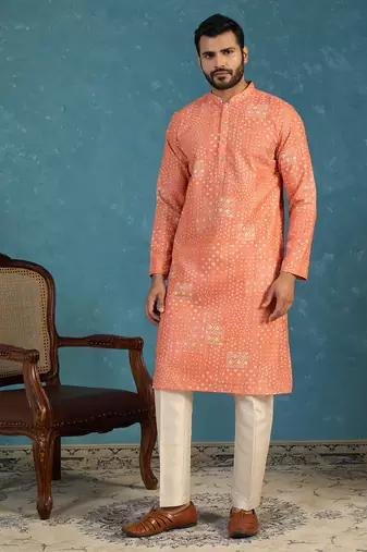 orange linen blend bandhani printed kurta 