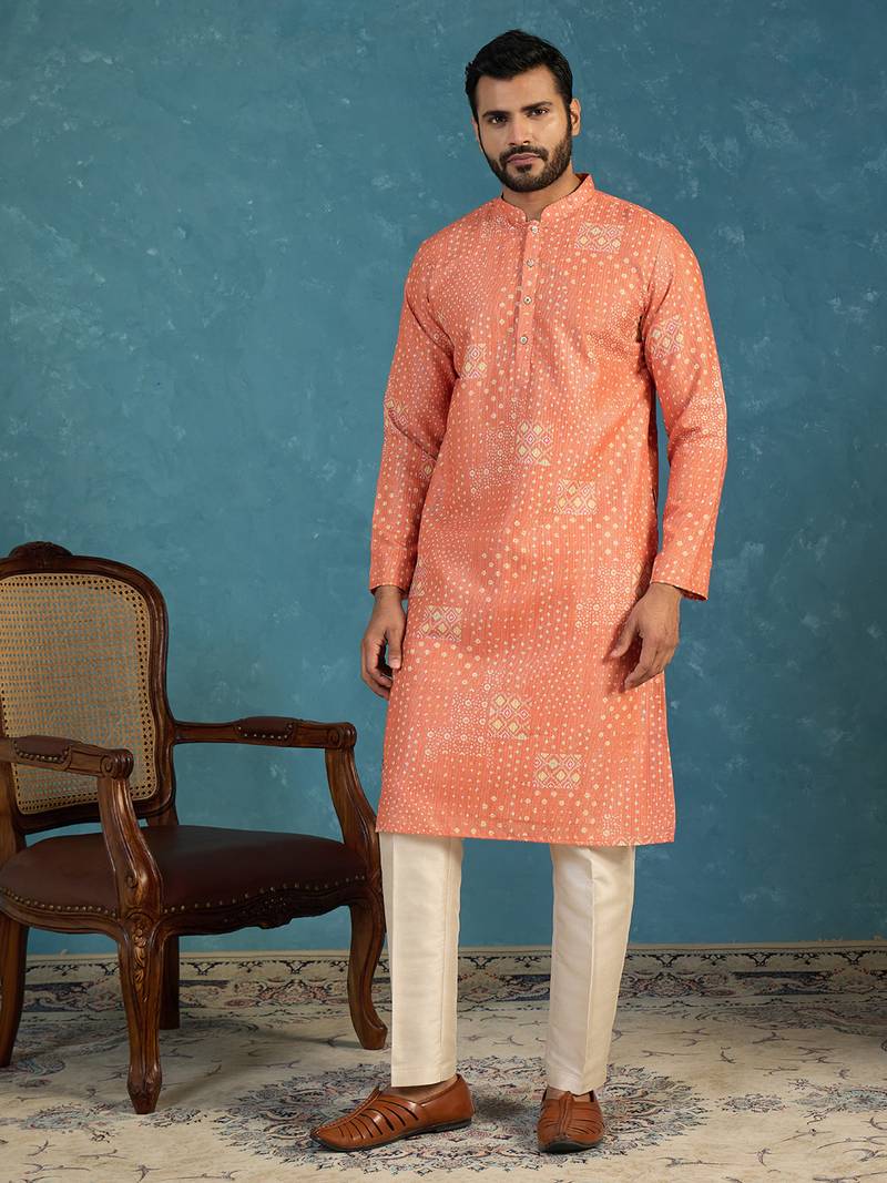 orange linen blend bandhani printed kurta 