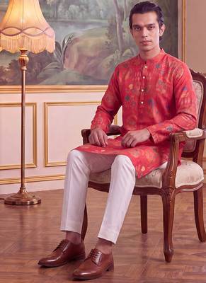 pink linen blend floral printed straight kurta with trouser set  5