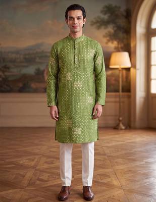 green linen blend bandhani printed kurta  1