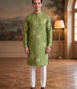 green linen blend bandhani printed kurta 