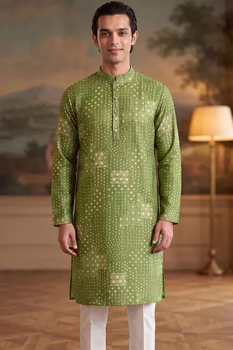 green linen blend bandhani printed kurta 