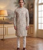 green linen blend floral printed straight kurta with trouser set 