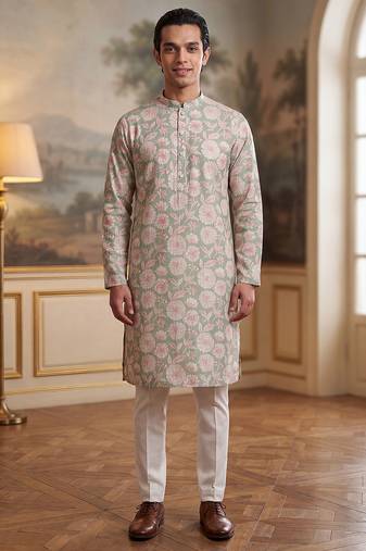 green linen blend floral printed kurta 