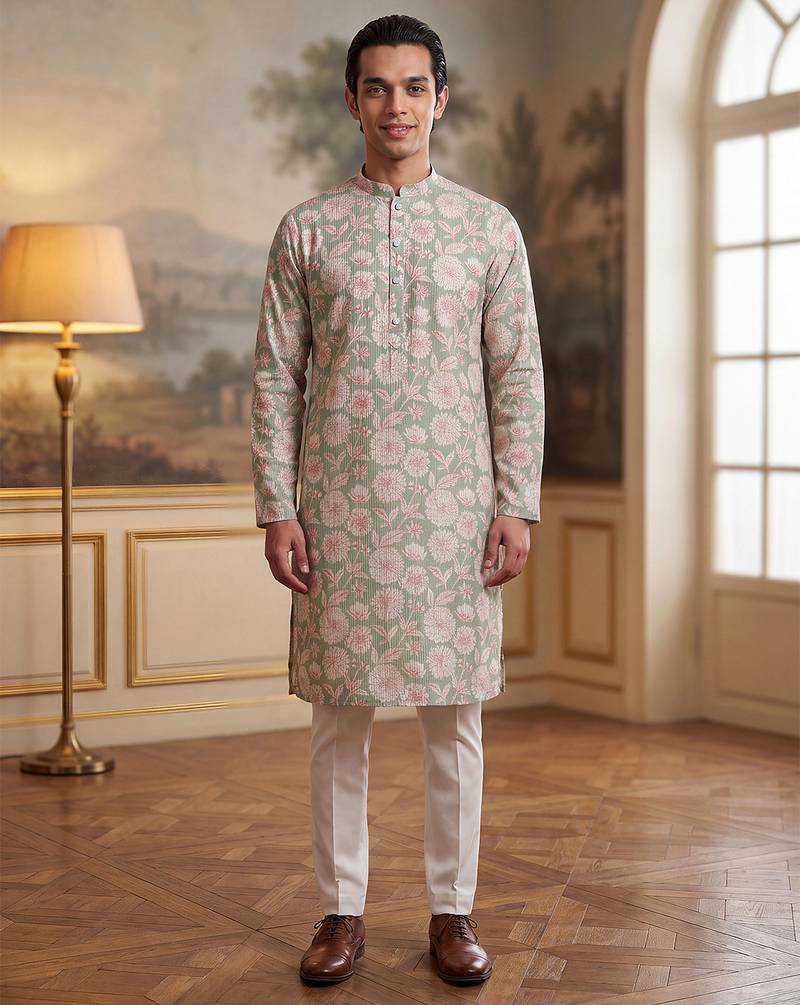 green linen blend floral printed kurta 
