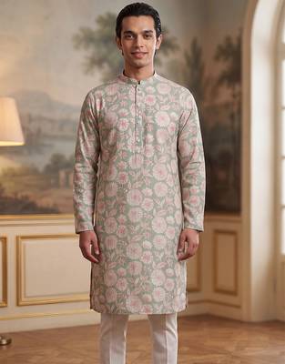 green linen blend floral printed straight kurta with trouser set  2