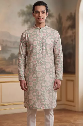 green linen blend floral printed straight kurta with trouser set 