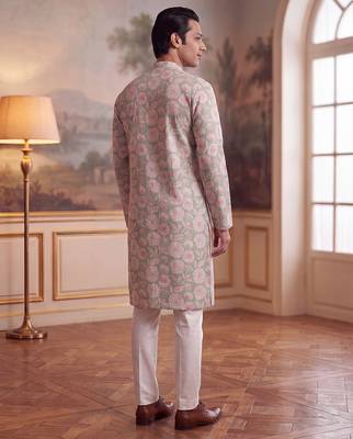 green linen blend floral printed straight kurta with trouser set  3