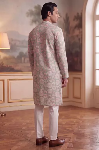 green linen blend floral printed straight kurta with trouser set 