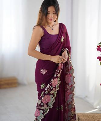 Wine georgette sequins saree with unstitched blouse piece. 1