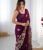 Wine georgette sequins saree with unstitched blouse piece.