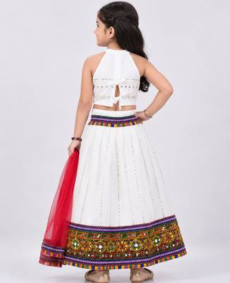 White mirror work cotton halter neck kids lehenga choli with dupatta  2