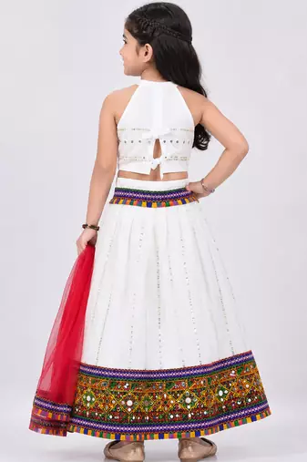 White mirror work cotton halter neck kids lehenga choli with dupatta 