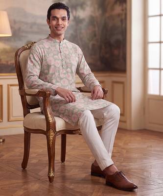 green linen blend floral printed straight kurta with trouser set  4