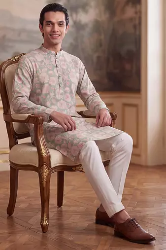 green linen blend floral printed straight kurta with trouser set 