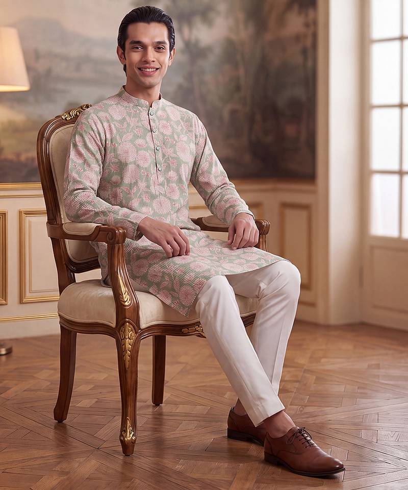 green linen blend floral printed straight kurta with trouser set 