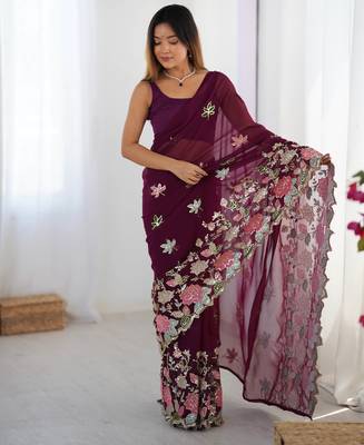 Wine georgette sequins saree with unstitched blouse piece. 2