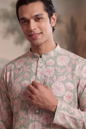 green linen blend floral printed kurta 