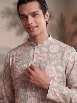 green linen blend floral printed straight kurta with trouser set  5