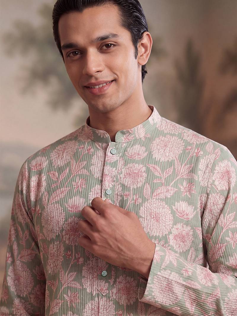 green linen blend floral printed straight kurta with trouser set 