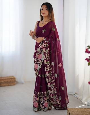 Wine georgette sequins saree with unstitched blouse piece. 3
