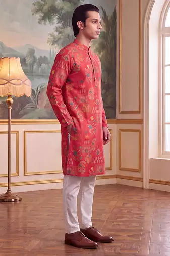pink linen blend floral printed kurta 