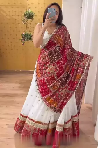 White Georgette Navratri Lehenga Choli With Dupatta