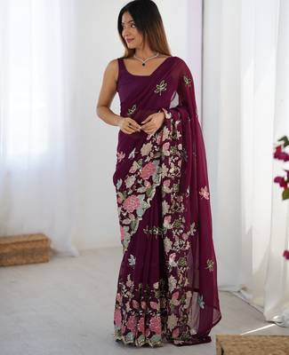 Wine georgette sequins saree with unstitched blouse piece. 4