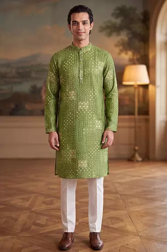 green linen blend bandhani printed straight kurta with trouser set 