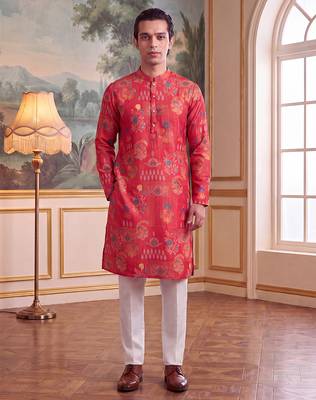pink linen blend floral printed kurta  4