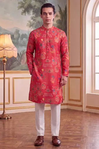 pink linen blend floral printed kurta 