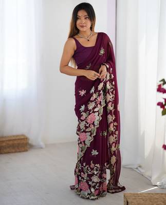 Wine georgette sequins saree with unstitched blouse piece. 5