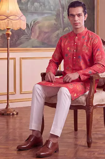 pink linen blend floral printed kurta 