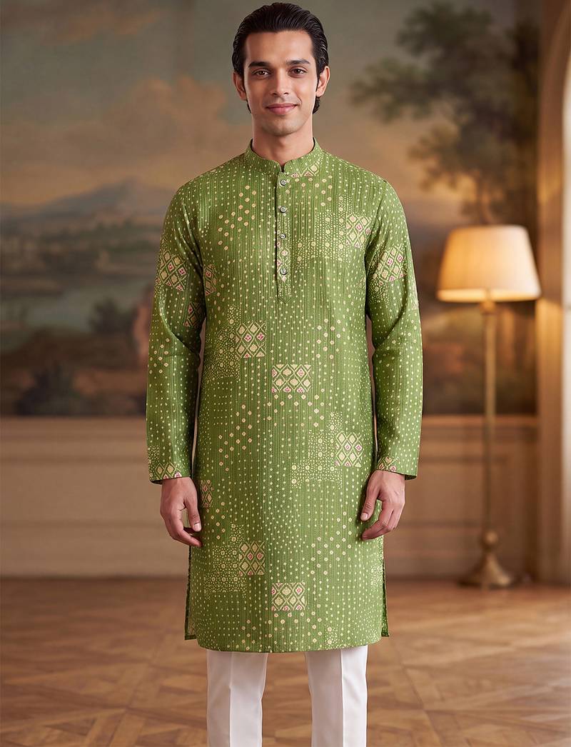 green linen blend bandhani printed straight kurta with trouser set 