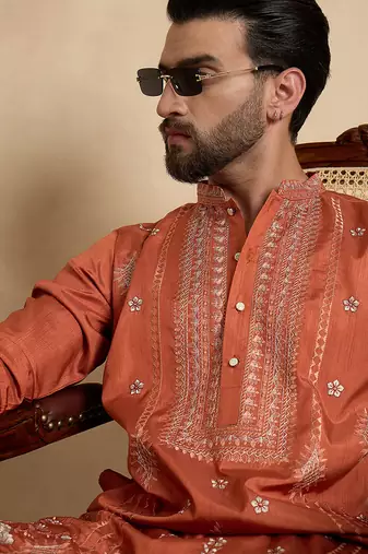 orange silk blend solid embroidered kurta 