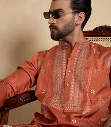 orange silk blend solid embroidered kurta 